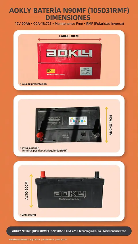 BATERIA DE 90AH 725CCA AOKLY POSITIVO A LA IZQUIERDA 