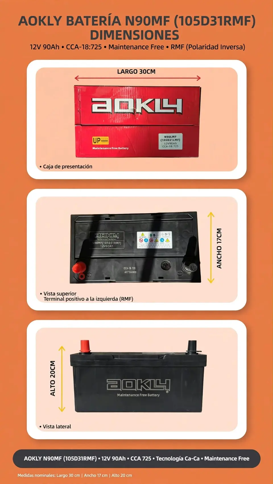 BATERIA DE 90AH 725CCA AOKLY POSITIVO A LA IZQUIERDA  1