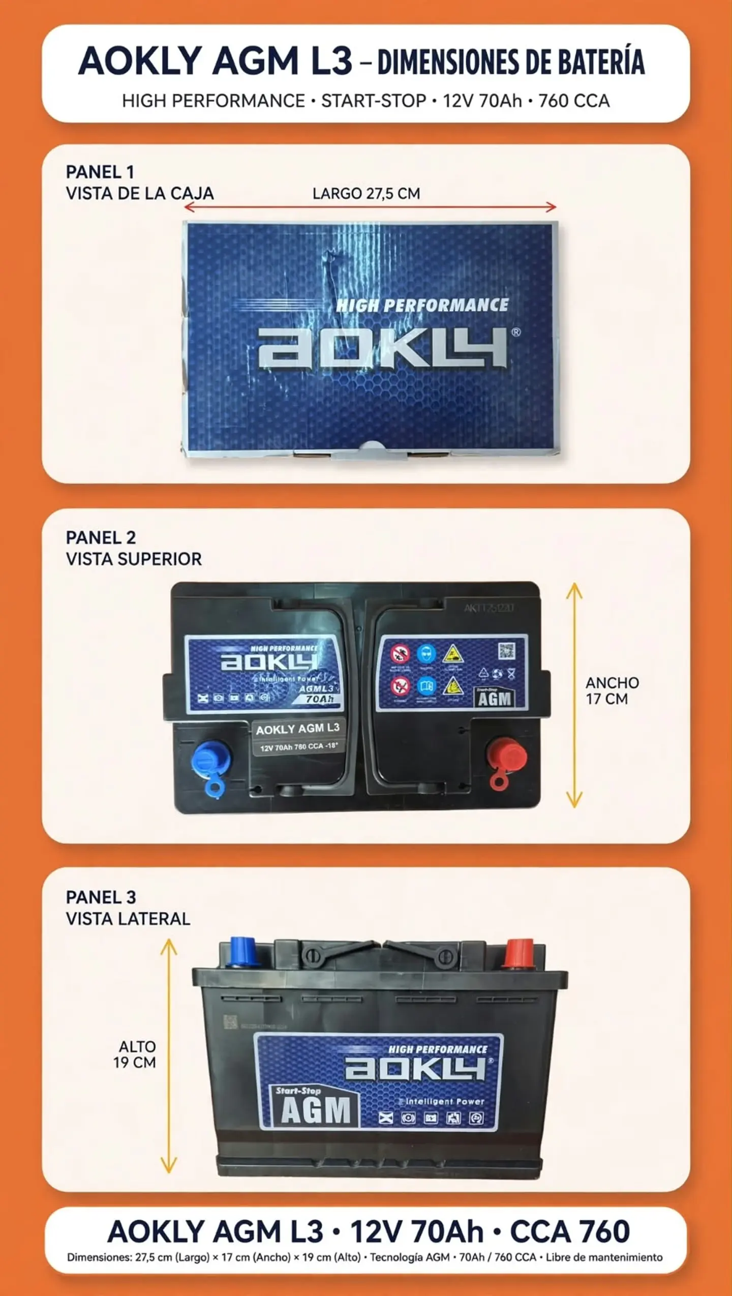 BATERIA DE 70 AH 760CCA AOKLY STAR STOP BAJA  POSITIVO A LA DERECHA  1