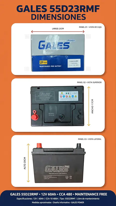 BATERIA DE 60AH 480CCA GALES ALTA POSITIVO A LA IZQUIERDA 