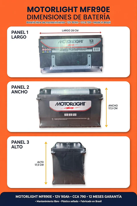 BATERIA DE 90AH 790CCA MOTORLIGHT POSITIVO A LA IZQUIERDA