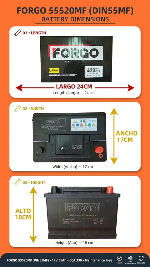 BATERIA DE 55AH 330CCA FORGO POSITIVO DERECHO 