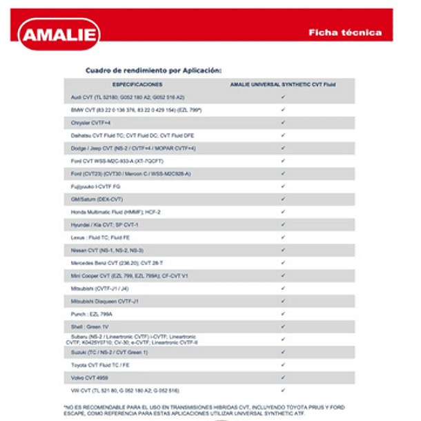 FLUIDO TRANSMISION AUTOMATICA ATF AMALIE CVT 1L 2
