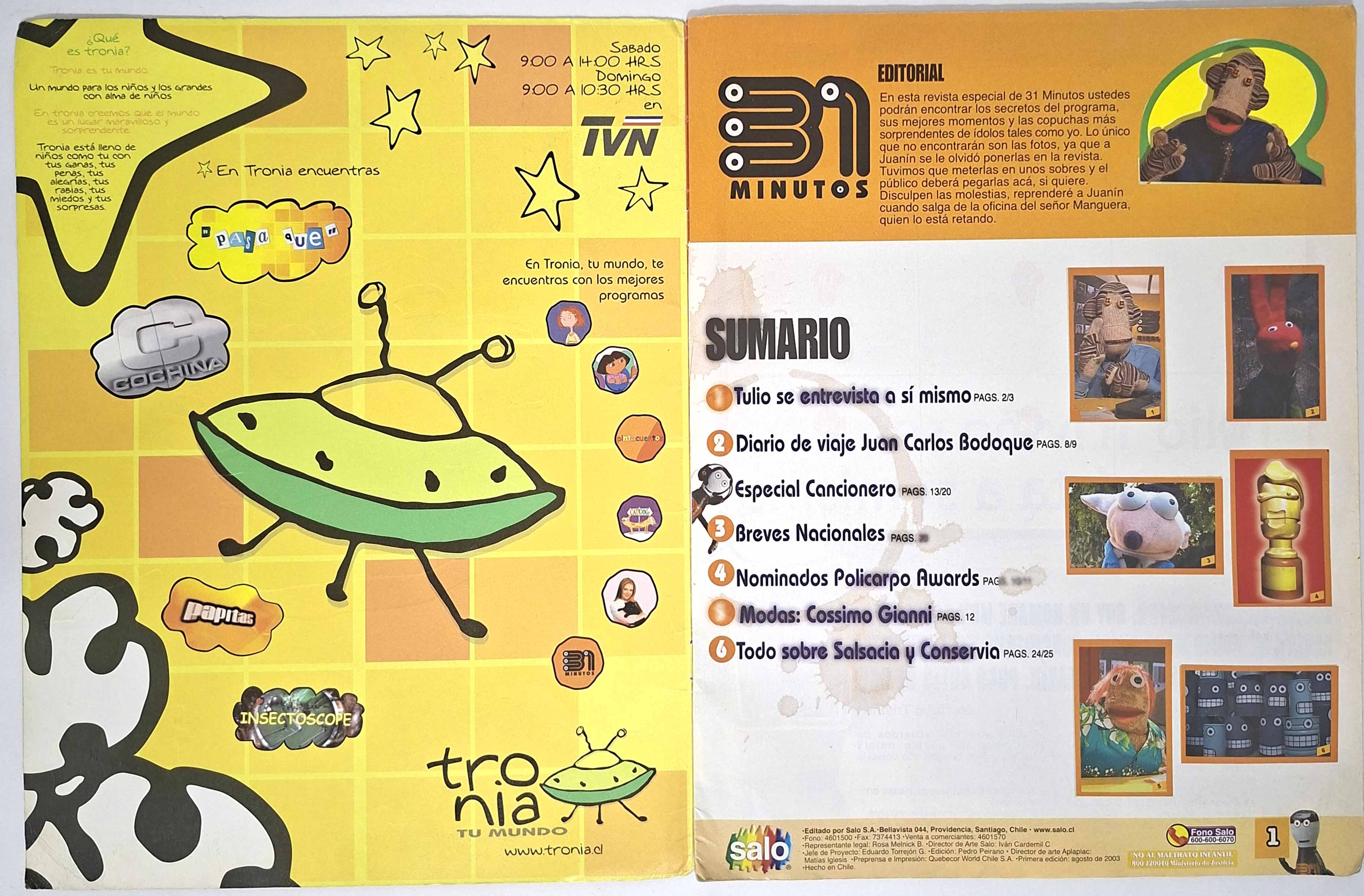 EXHIBICIÓN – ÁLBUM DE LÁMINAS 31 MINUTOS LA REVISTA SALO 2003 SEGUNDA MANO – EXHIBICIÓN (NO A LA VENTA)