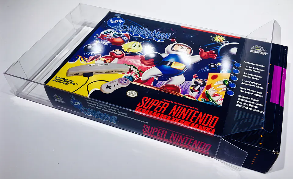 Protector PET para Caja de Juego Super Nintendo Super Bomberman Party Pak CIB 1