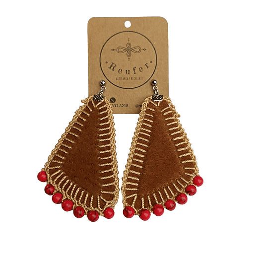 Aros cuero y piedra Howlita roja - Diseño único hecho a mano - 077