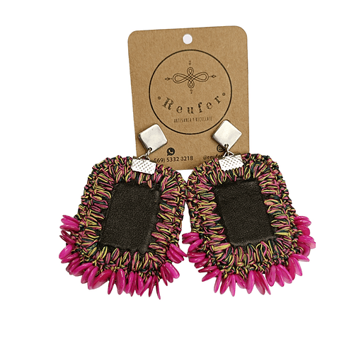 Aros ecocuero bordado con piedra Nacar - Diseño único hecho a mano - 097