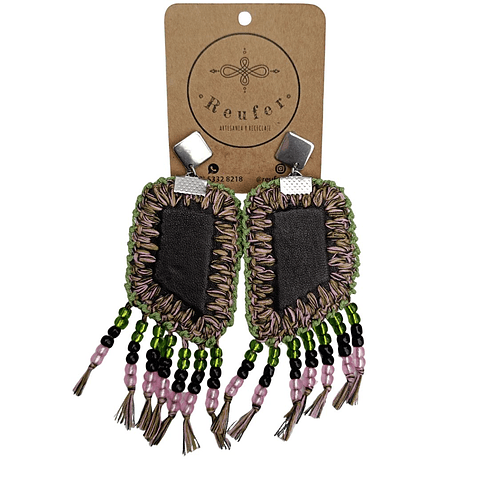 Aros ecocuero flecos mostacillas - Diseño único hecho a mano - 069