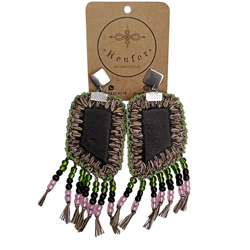 Aros ecocuero flecos mostacillas - Diseño único hecho a mano - 069