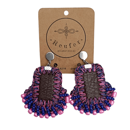 Aros ecocuero bordados con mostacillas - Diseño único hecho a mano - 092