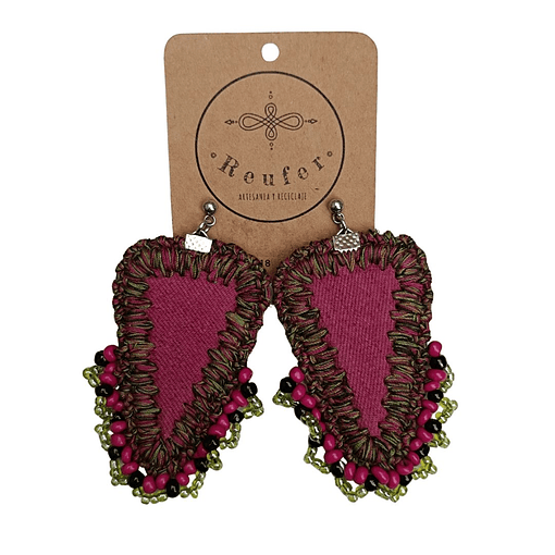 Aros jeans burdeo bordados con mostacillas - Diseño único hecho mano - 109