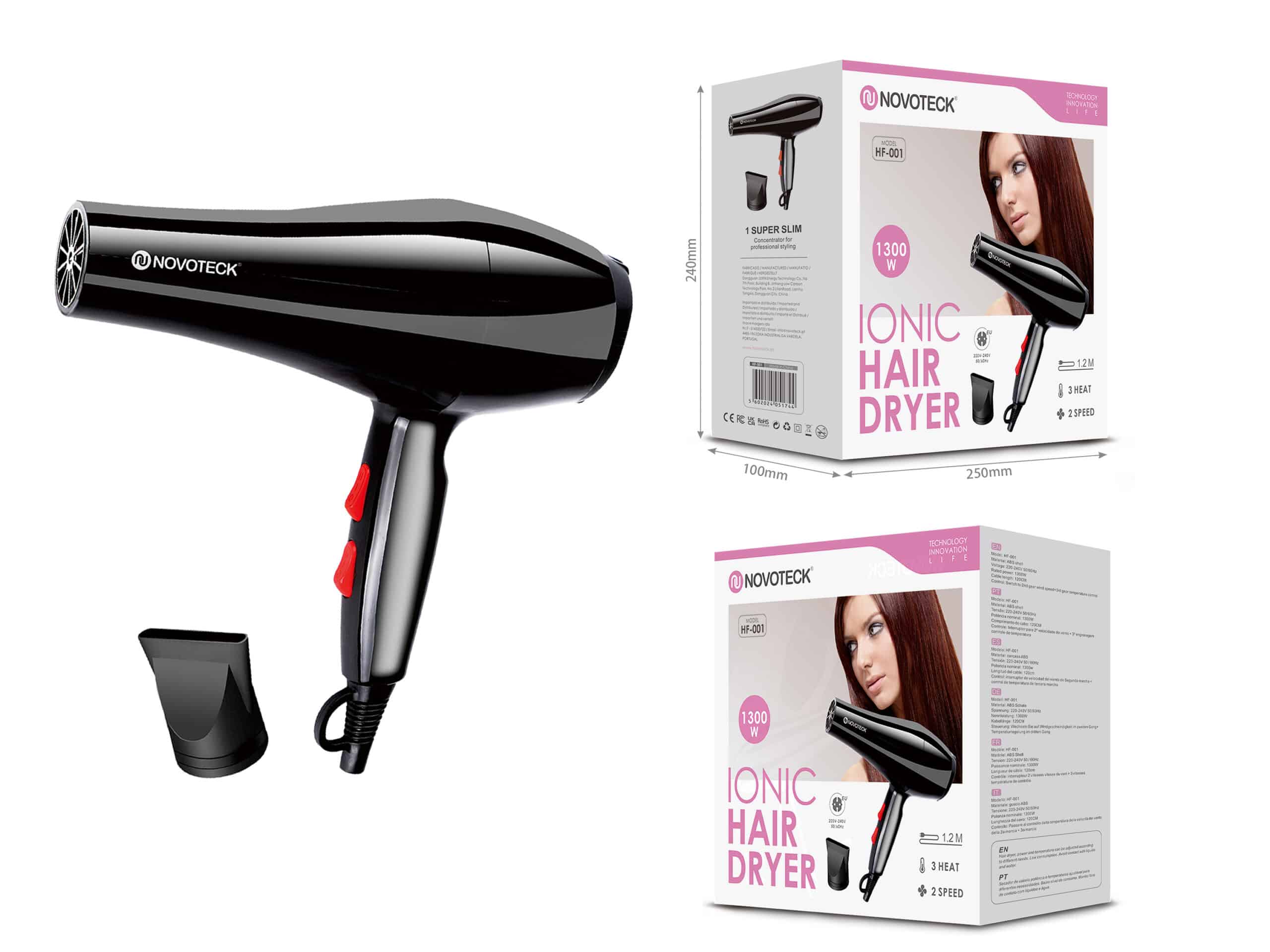 Secador de Cabelo HF-001 – 1300W, Tecnologia Iónica, 3 Níveis de Temperatura, 2 Velocidades 1