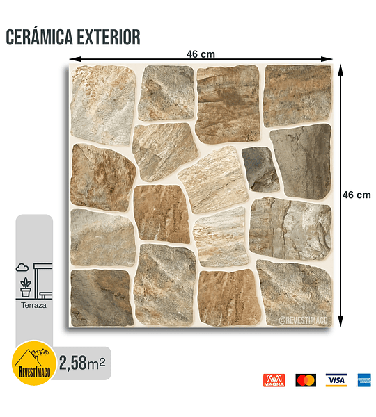 $6.198 m² - Cerámica Exterior Rivoli Terra 46x46 cm - 2.58 m² - Antideslizante y Duradera.