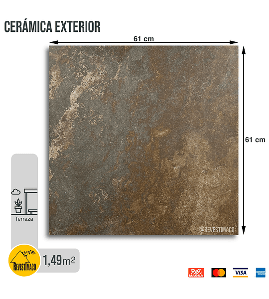 Cerámica Interior: Oxido Pierte, 61x61, 1,49 m², Rectificada.