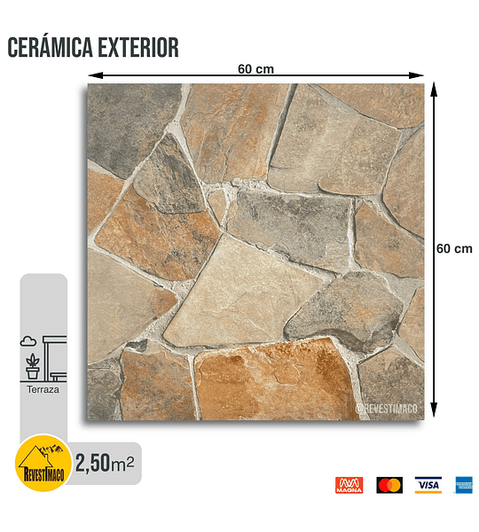 $7.356 m² - Cerámica Exterior Piedra HD 60x60 cm - 2.50 m² - Rectificada y Duradera