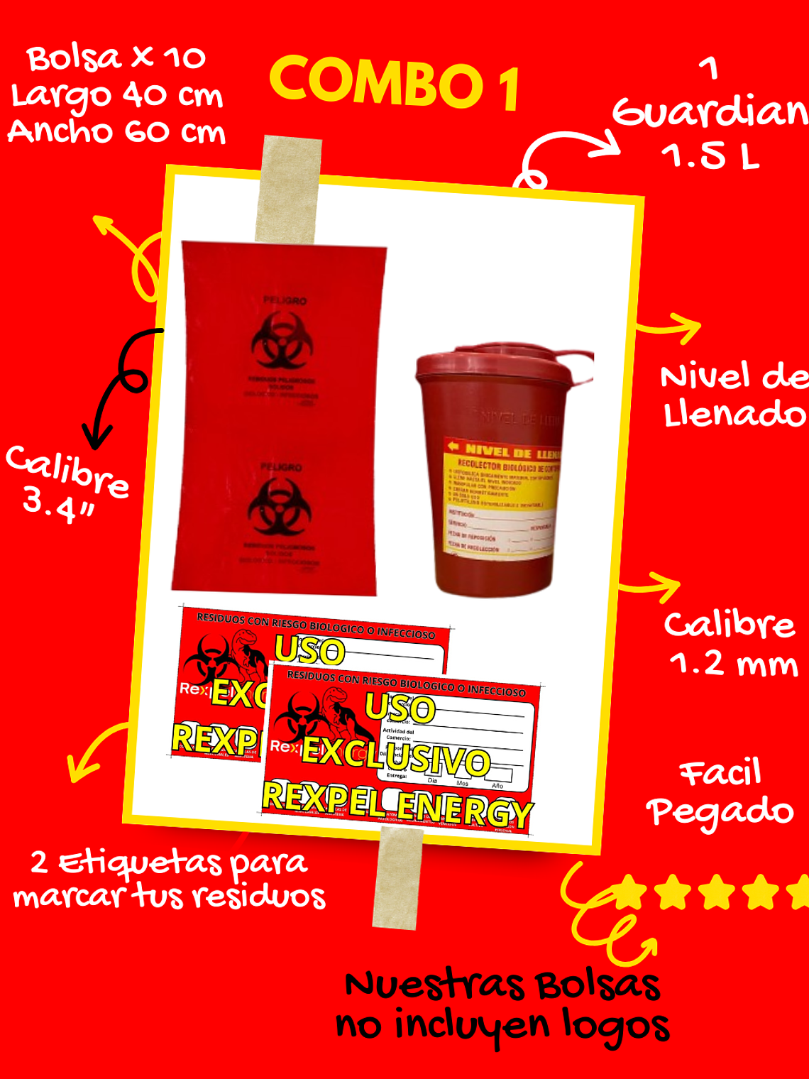 COMBO 1 BOLSAS X10 (40CMX60CM) + 2 ETIQUETAS + GRATIS GUARDIAN 0.6ML 1