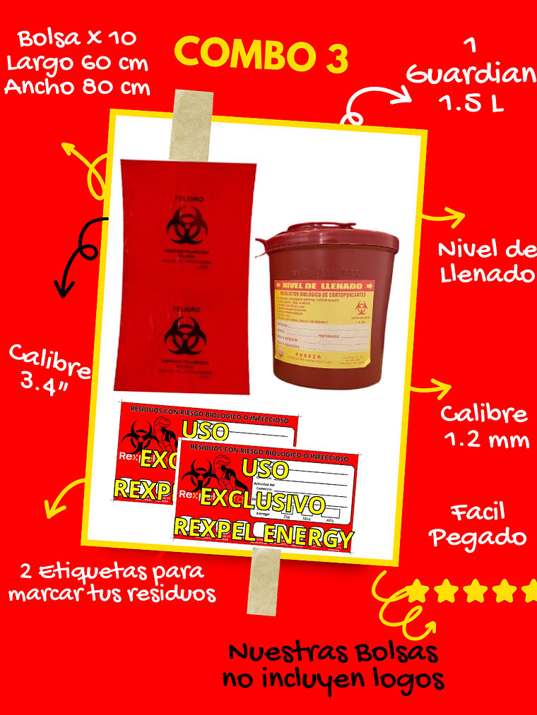 COMBO 3 BOLSAS X10 (60CMX80CM) + 2 ETIQUETAS + GRATIS GUARDIAN 1.5L 1