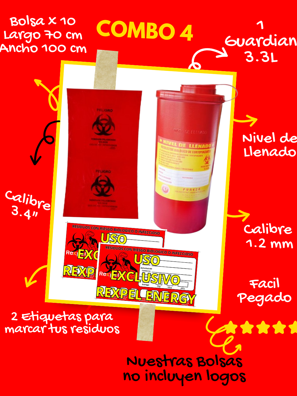 COMBO 4 BOLSAS X10 (70CMX100CM) + 2 ETIQUETAS + GRATIS GUARDIAN 3.3L 1