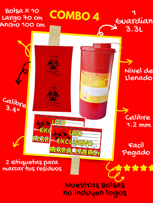 COMBO 4 BOLSAS X10 (70CMX100CM) + 2 ETIQUETAS + GRATIS GUARDIAN 3.3L