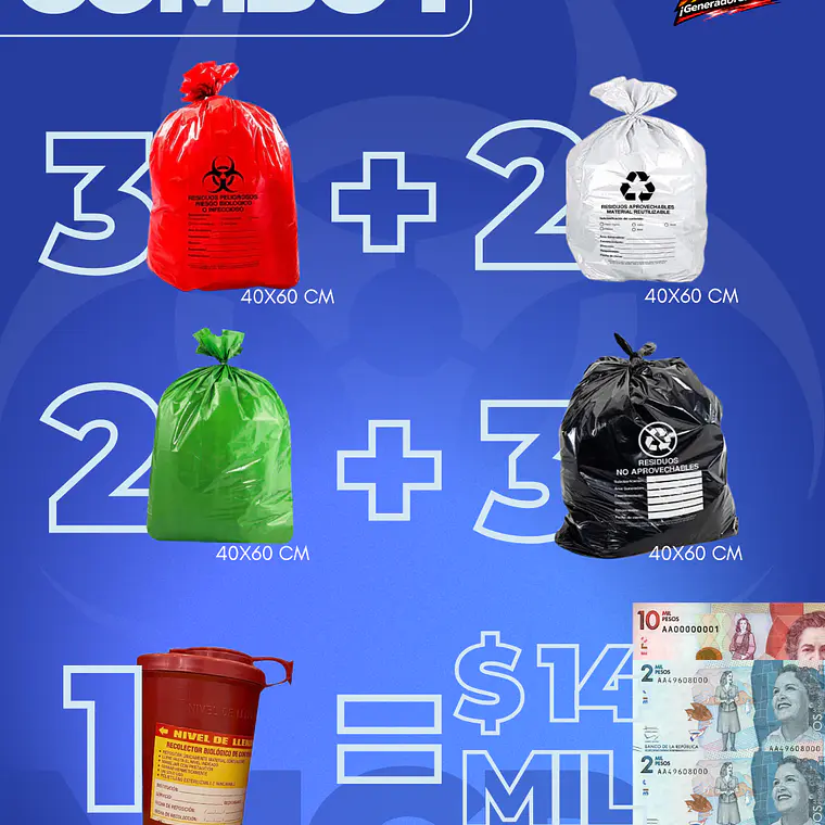COMBO 1 BOLSAS X10 UNIDS (40X60CM) + 2 ETIQUETAS + 1 GUARDIAN 0.6ML 1