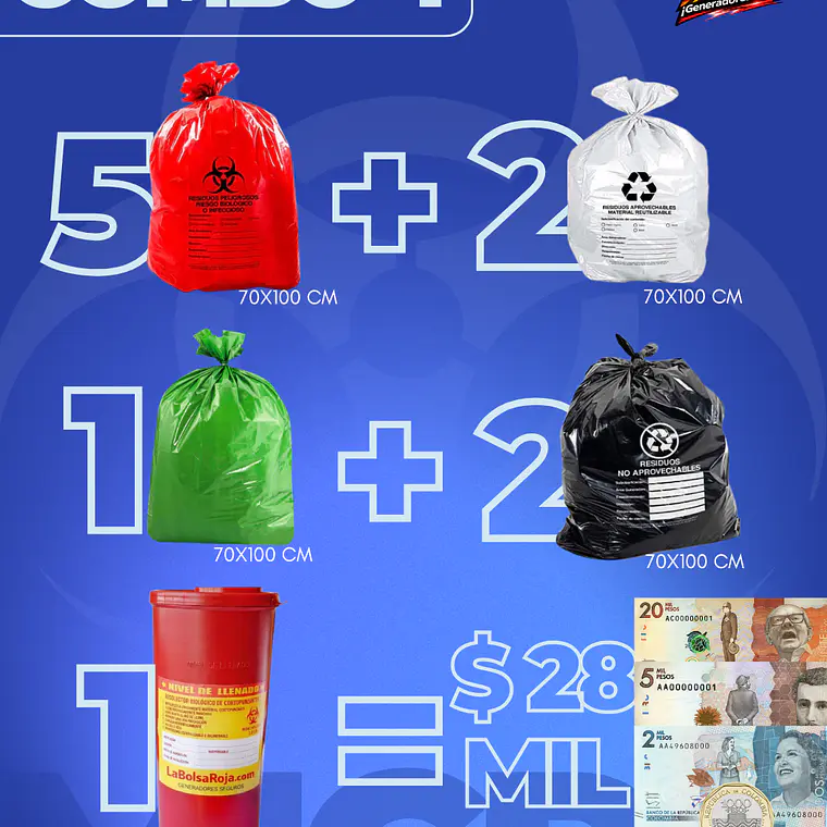 COMBO 4 BOLSAS X 10 UNIDS (70X100CM) + 2 ETIQUETAS + 1 GUARDIAN 3.3L 1