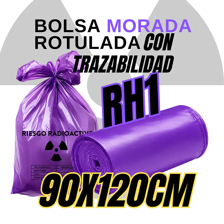 BOLSA MORADA ROTULADAS - RESID RADIACTIVOS - TAMAÑO 90X120CM - CANECA EXTRA GRANDE 1
