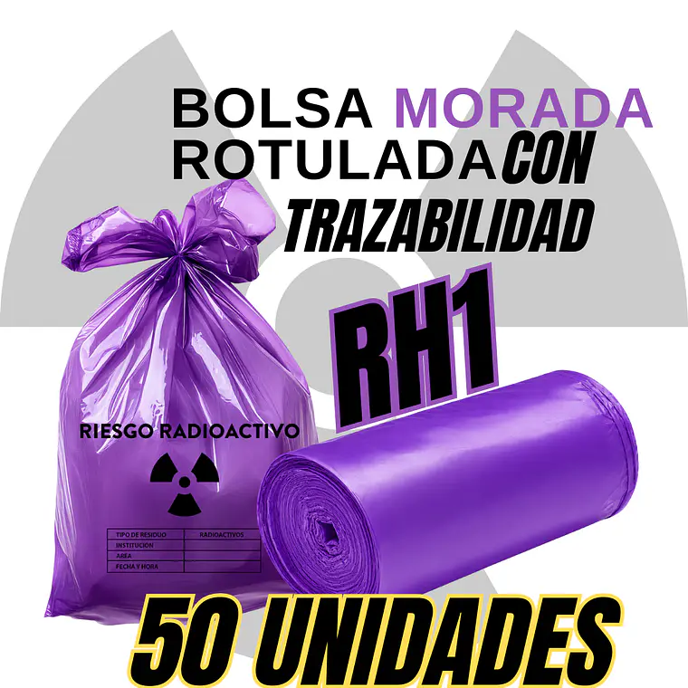 BOLSA MORADA ROTULADAS - RESID RADIACTIVOS - TAMAÑO 90X120CM - CANECA EXTRA GRANDE 2