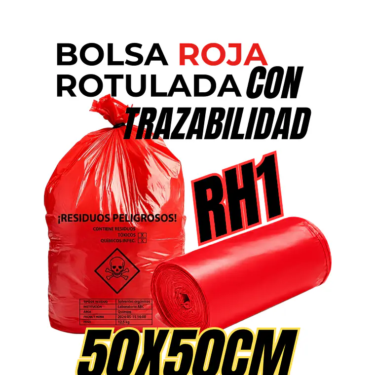 BOLSAS ROJAS ROTULADAS - RESPEL/QUIMICOS - TAMAÑO 50X70CM - PAPELERA MEDIANA  1