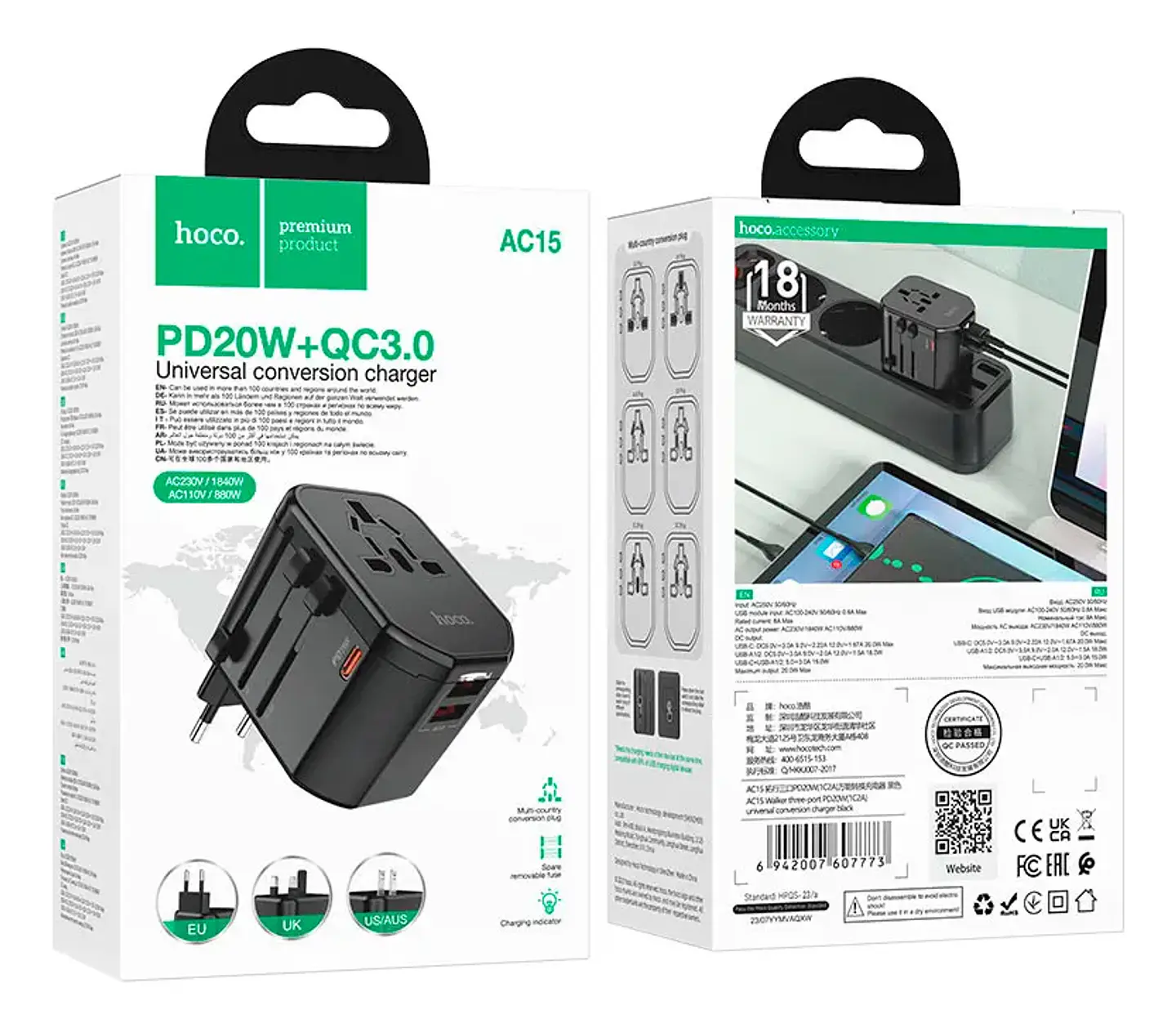 Adaptador Viajero Universal HOCO AC15 para Más de 150 Países 2