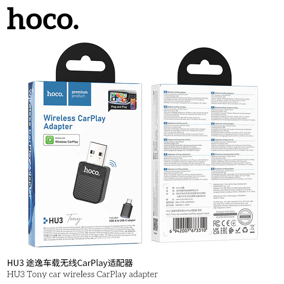 Adaptador Inalámbrico HOCO HU3 para Apple CarPlay y Android Auto 2