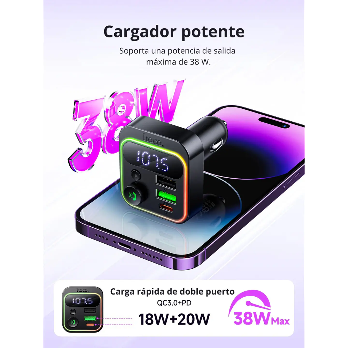Transmisor FM Bluetooth HOCO E85 para Auto con Manos Libres 2