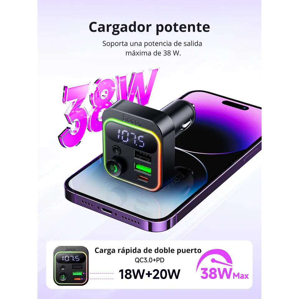 Transmisor FM Bluetooth HOCO E85 para Auto con Manos Libres 2
