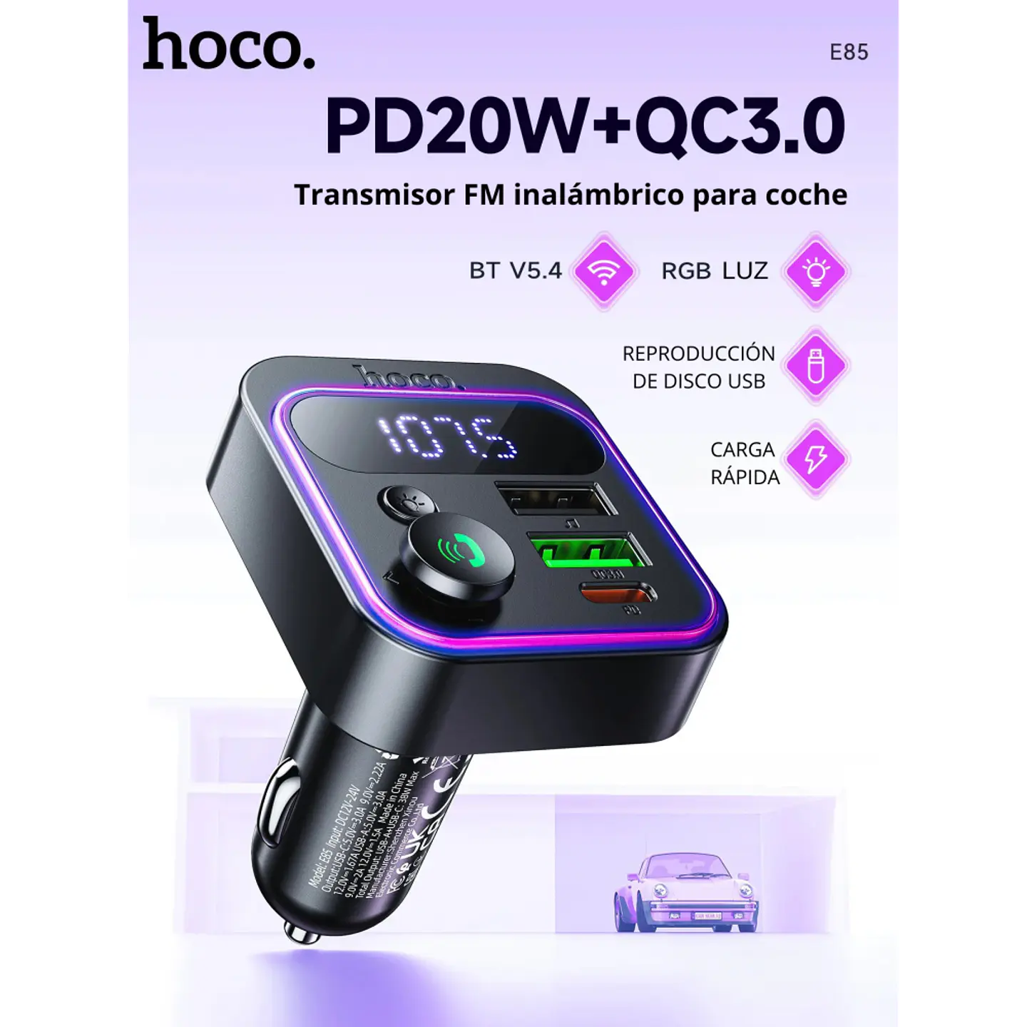 Transmisor FM Bluetooth HOCO E85 para Auto con Manos Libres 3