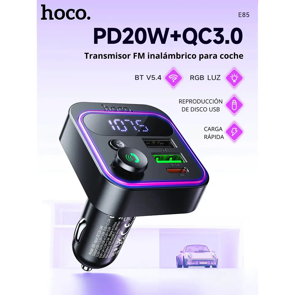 Transmisor FM Bluetooth HOCO E85 para Auto con Manos Libres 3