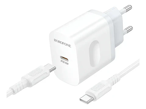 Cargador Borofone BA99A 20W USB-C Carga Rápida + Cable Tipo C Blanco
