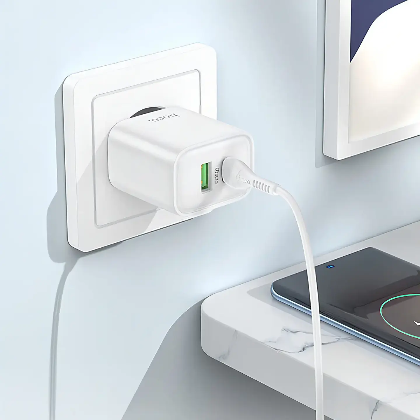 Cargador HOCO DC68 25W USB + USB-C Carga Rápida Certificado Blanco 2
