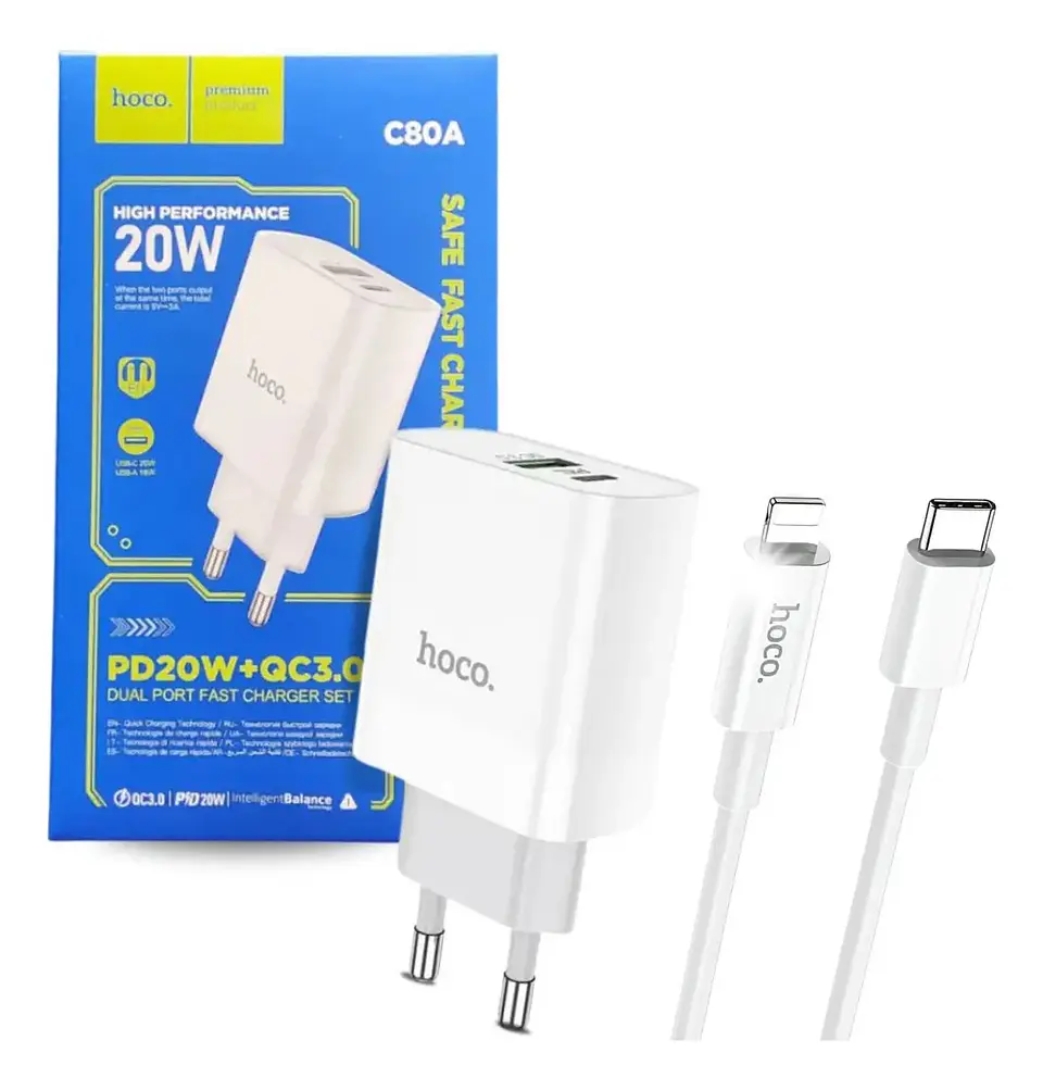 Cargador HOCO C80A 20W USB-C Carga Rápida Compatible con iPhone Blanco 1