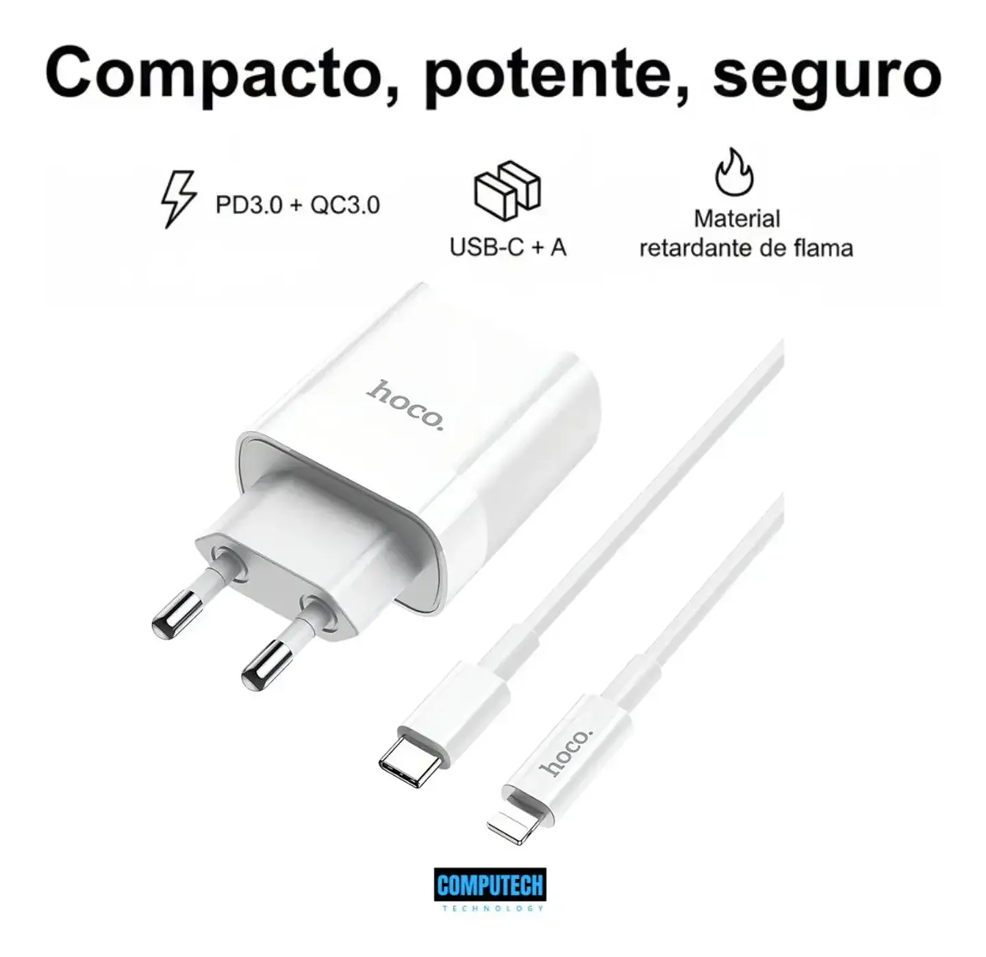 Cargador HOCO C80A 20W USB-C Carga Rápida Compatible con iPhone Blanco 2