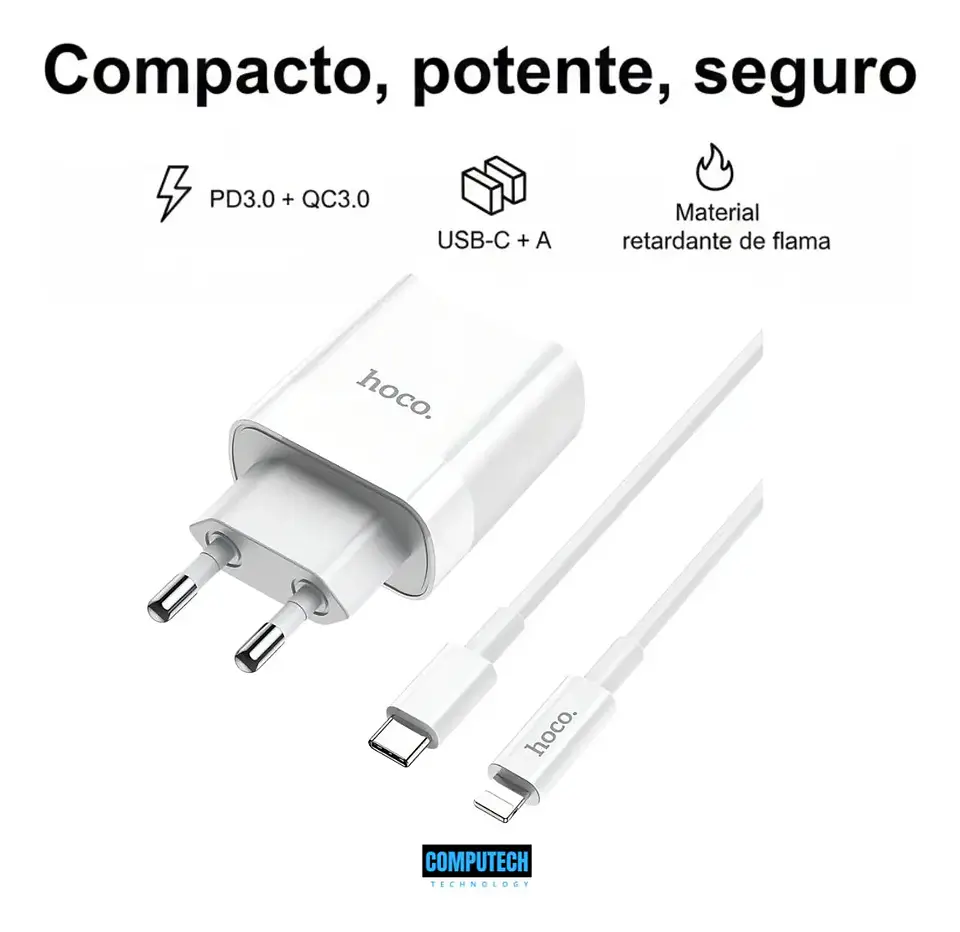Cargador HOCO C80A 20W USB-C Carga Rápida Compatible con iPhone Blanco 2