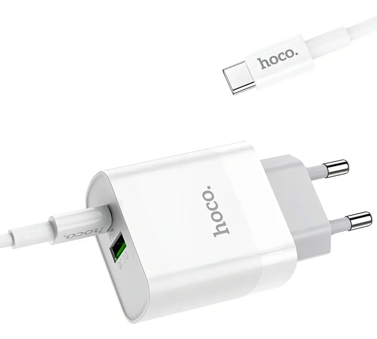 Cargador HOCO C80A 20W USB-C Carga Rápida + Cable USB-C a USB-C Blanco 3