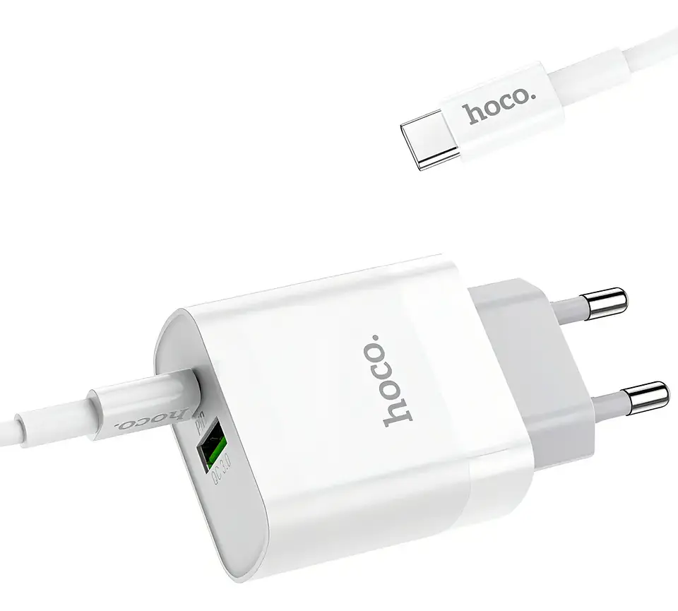 Cargador HOCO C80A 20W USB-C Carga Rápida + Cable USB-C a USB-C Blanco 3