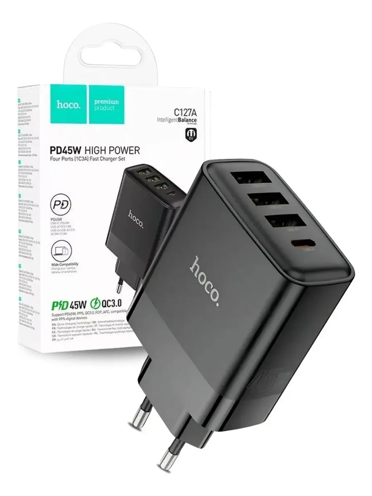 Cargador HOCO C127A 45W USB-C + 3 USB Carga Rápida Color Negro 1