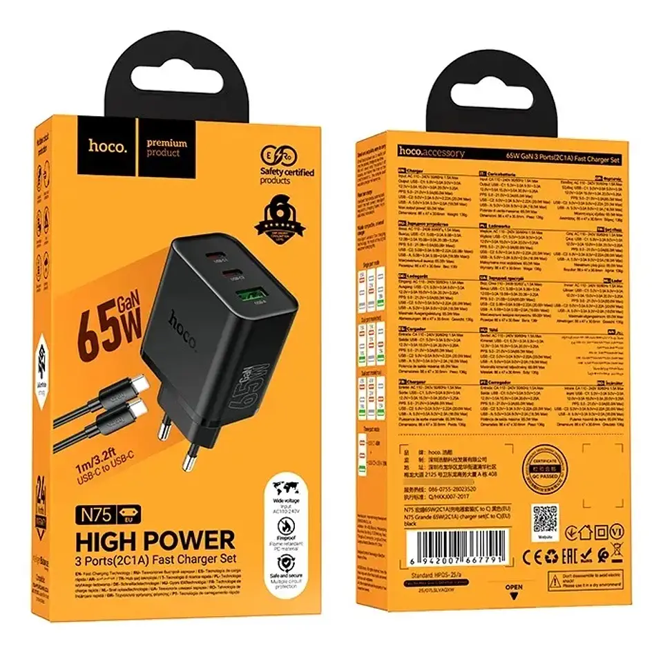 Cargador HOCO N75 65W PD USB-C Triple Puerto Carga Rápida 2