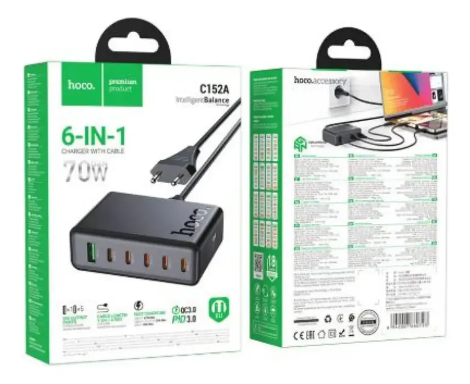 Estación de Carga HOCO C152A 70W USB-C + USB Carga Rápida con Cable Tipo C 1