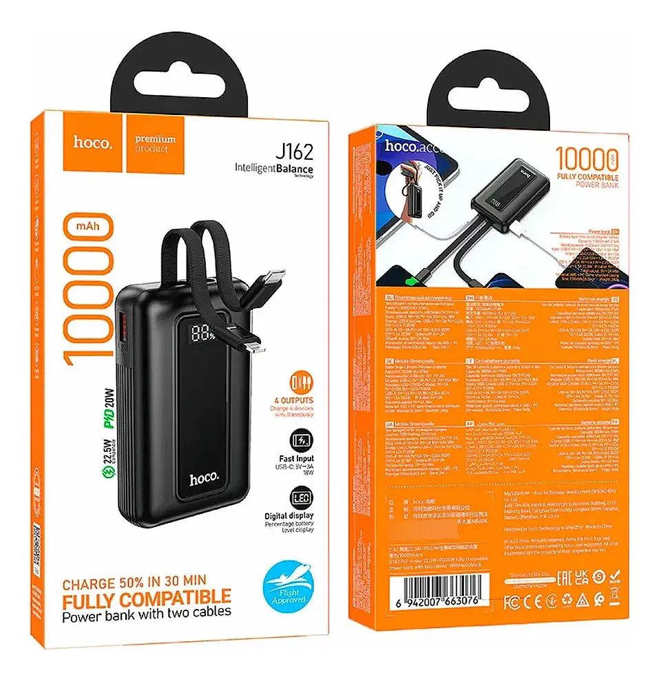 Power Bank HOCO J162 10000mAh Carga Rápida 22.5W con Cables Integrados y Pantalla LED 2