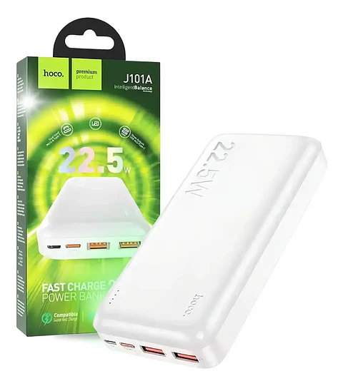 Power Bank HOCO 20000mAh 22.5W Carga Rápida Batería Portátil con Cable Blanco y Negro