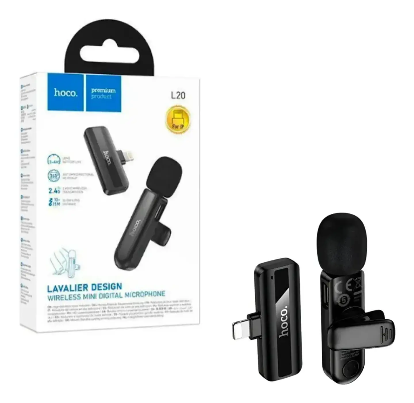 Micrófono Inalámbrico Lavalier Lightning 2.4G HOCO L20 Negro 1