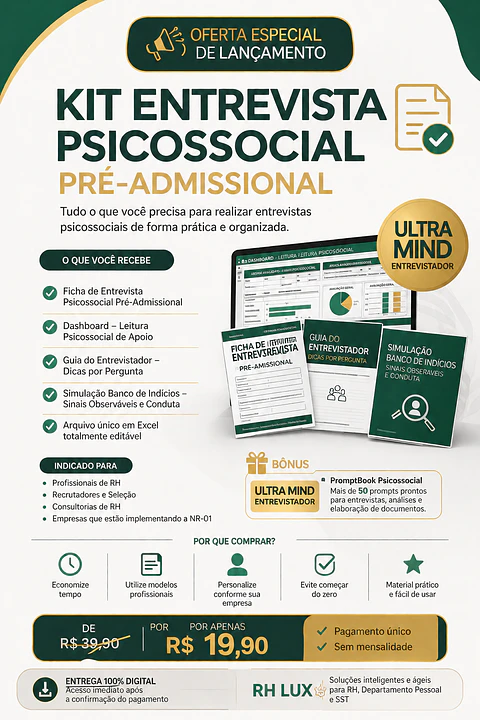 KIT ENTREVISTA PSICOSSOCIAL NR01  PRÉ-ADMISSIONAL EM EXCEL