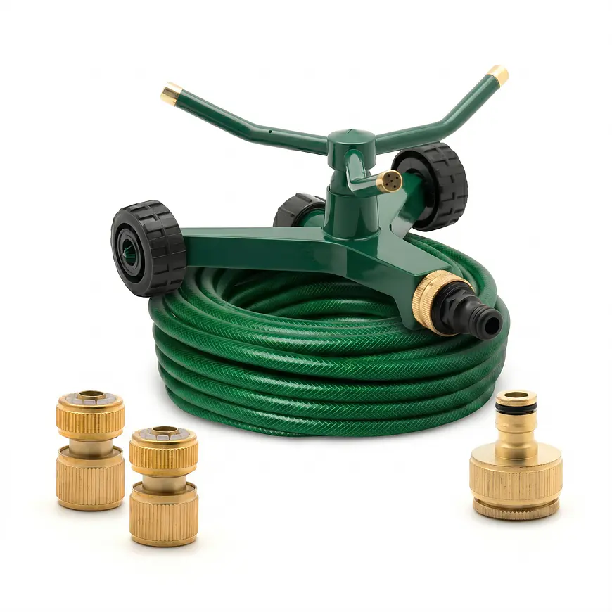 Kit Riego Regador 3 Brazos + Manguera 15m y Conectores Metalicos 1
