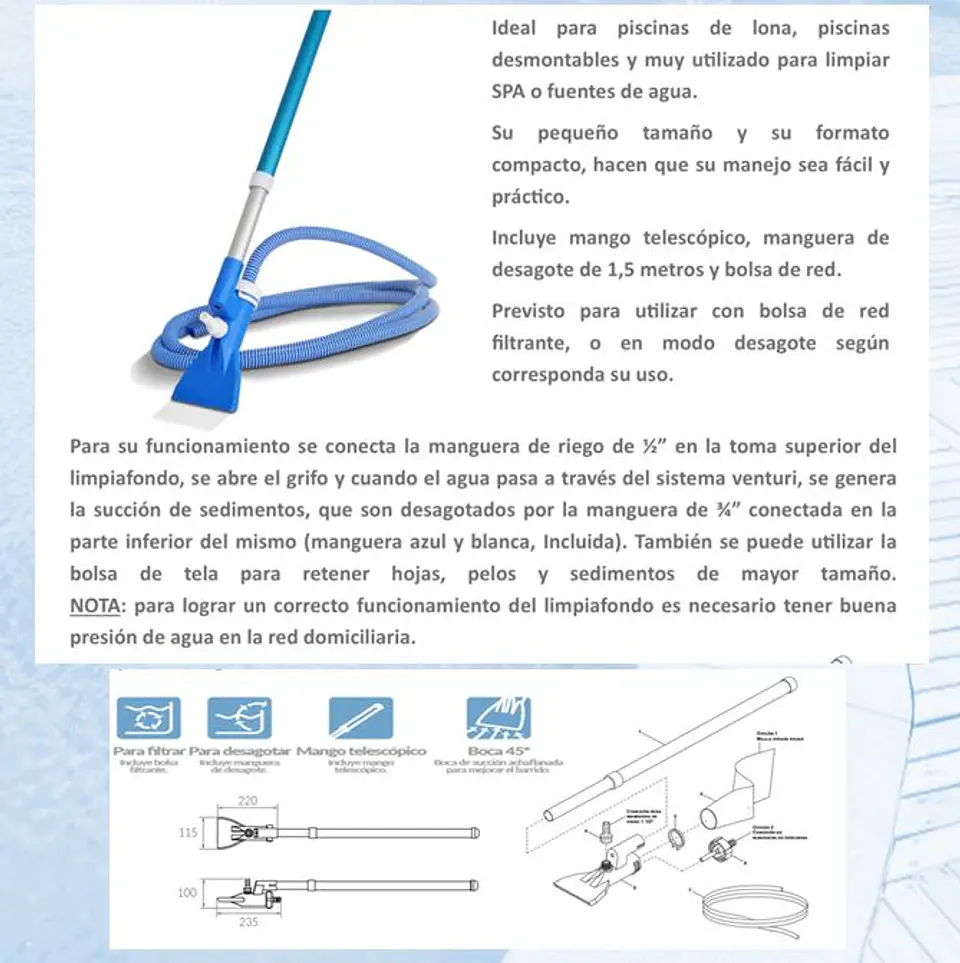 Limpiafondo Venturi para piscinas sobre nivel mango 1,2 m - Vulcano 5